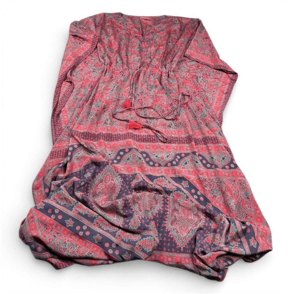 Mamey Maxi Kaftan Kimono Dress Paisley Boho Hippie Loose Fit Fringe Tie SMALL